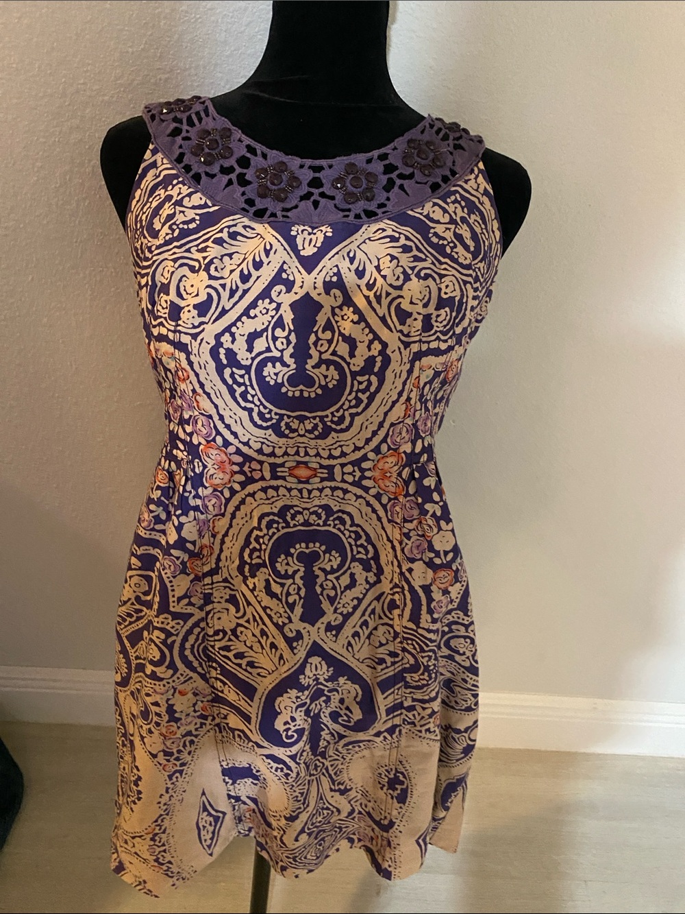 Free People Purple and Cream Paisley Midi Dress with Crochet Yoke